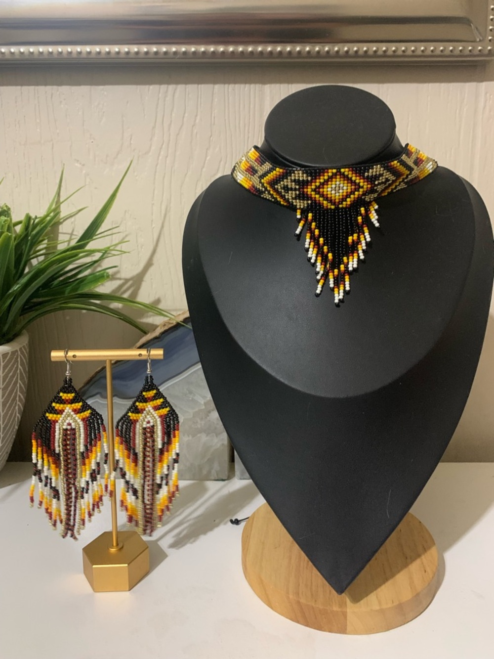 Beaded Fringe Choker Necklace with Matching Earrings - Black, Yellow & Orange